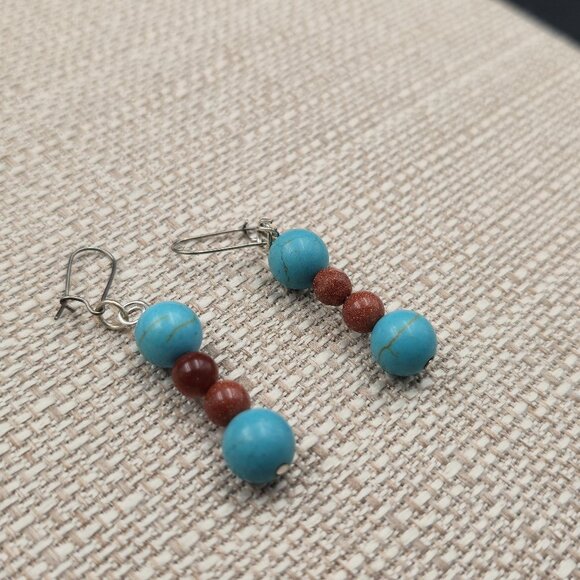 Silver Plated Howlite And Goldstone Dangle Earrings A6334 - Picture 2 of 5
